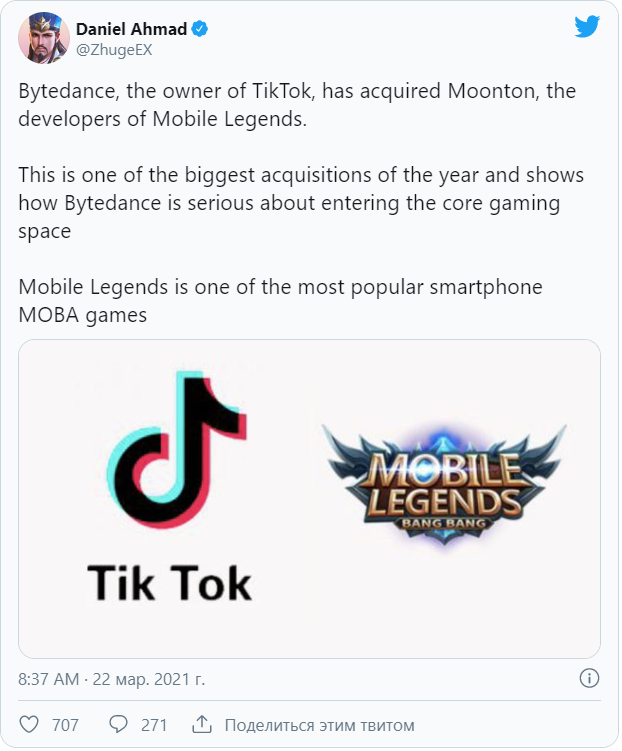 Компания ByteDance, владеющая TikTok, приобрела разработчика игр Moonton